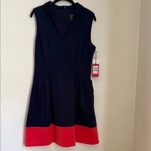 Vince Camuto Sleeveless Navy and Red Colorblock Dress with Collar